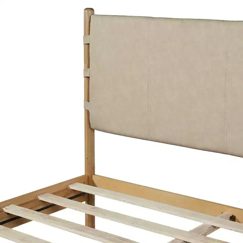 Cadre de lit plateforme en hévéa style Mid-Century avec tête de lit à sangles en similicuir