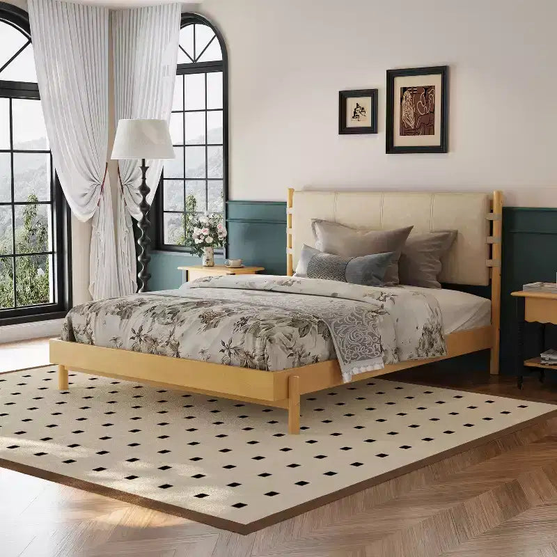 Merax Mid-Century Rubberwood Platform Bed Frame with Faux Leather Strap Headboard