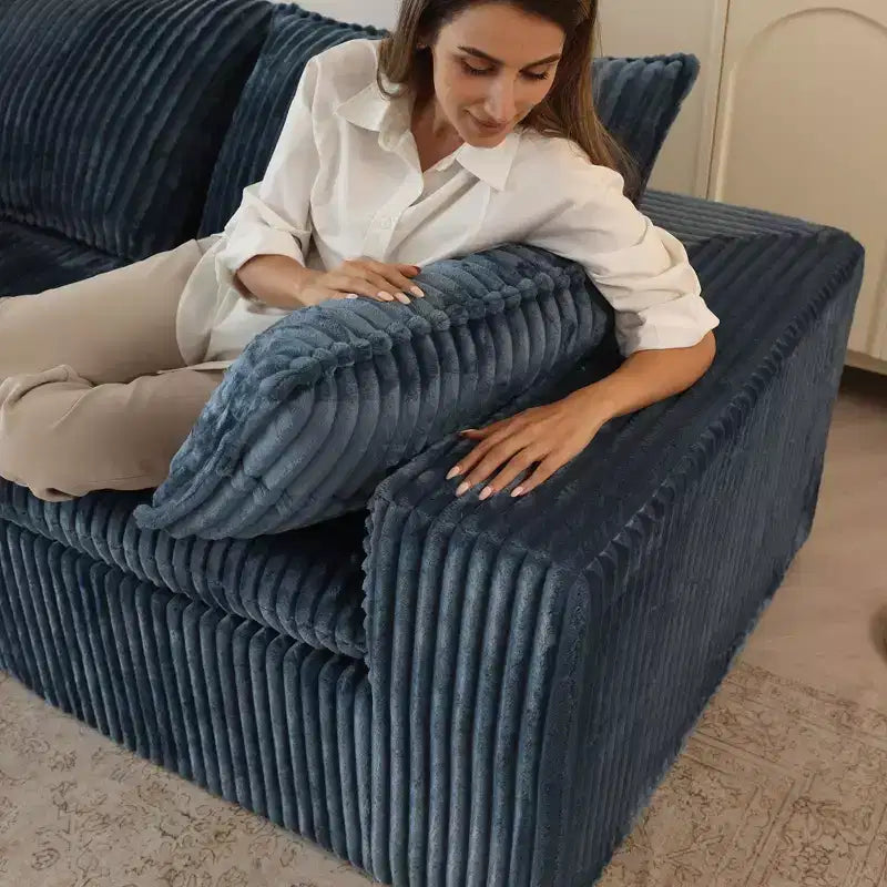 118.2 Canapé Nuage Bleu avec Ottoman, Tissu Velours Côtelé Canapés à Assise Profonde Conception double couche,Coussin Amovible Aucun assemblage