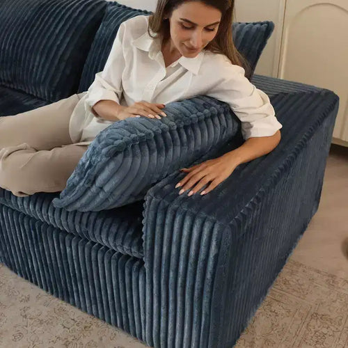 118.2 Canapé Nuage Bleu avec Ottoman, Tissu Velours Côtelé Canapés à Assise Profonde Conception double couche,Coussin Amovible Aucun assemblage