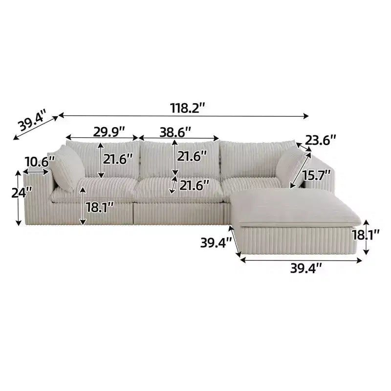 118.2 Canapé Nuage Bleu avec Ottoman, Tissu Velours Côtelé Canapés à Assise Profonde Conception double couche,Coussin Amovible Aucun assemblage