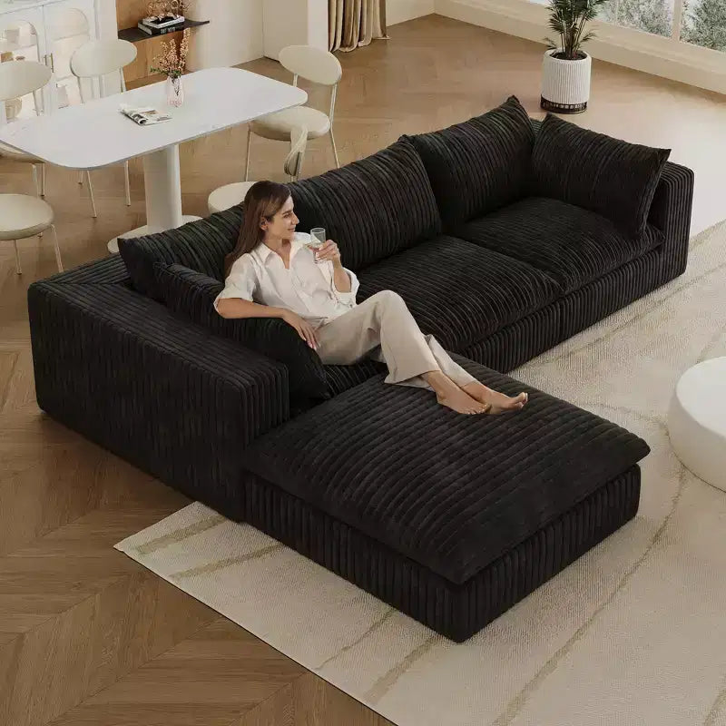 118.2 Canapé Nuage Bleu avec Ottoman, Tissu Velours Côtelé Canapés à Assise Profonde Conception double couche,Coussin Amovible Aucun assemblage