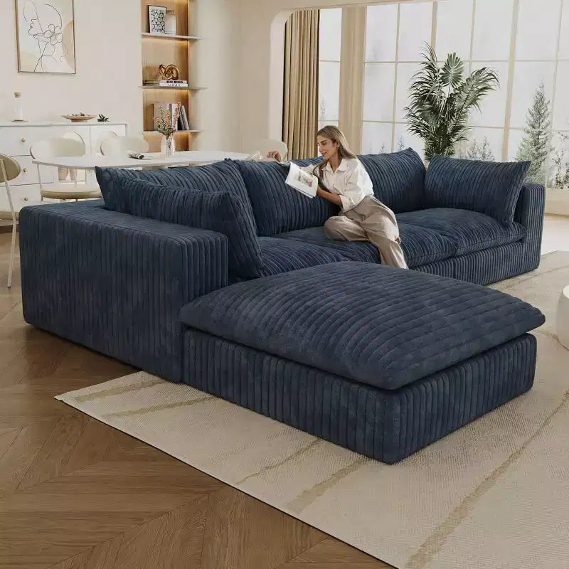 118.2 Canapé Nuage Bleu avec Ottoman, Tissu Velours Côtelé Canapés à Assise Profonde Conception double couche,Coussin Amovible Aucun assemblage