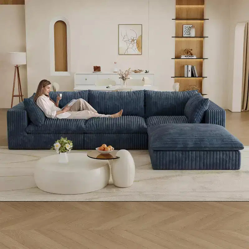 118.2 Blue Cloud Sofa with Ottoman, Corduroy Fabric Deep Seat Couches Double-layer design,Removable Cushion No Assembly