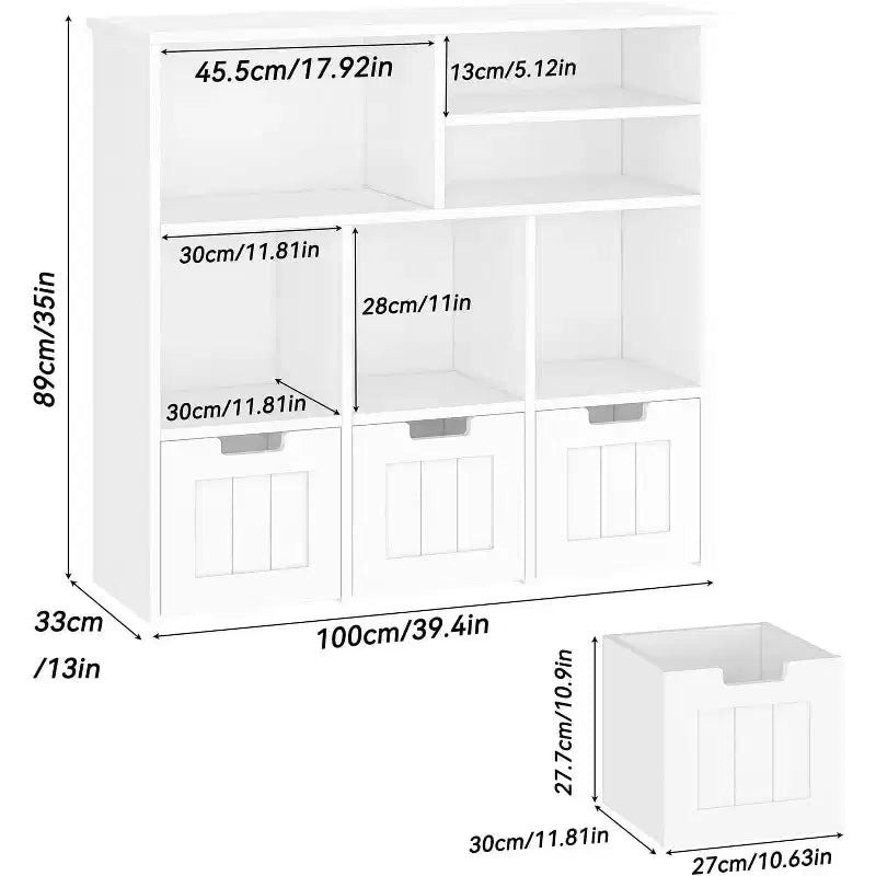 Bibliothèque enfant et meuble de rangement pour jouets, organisateur avec 3 tiroirs mobiles et roulettes cachées, 6 compartiments pour chambre à coucher, salle de jeux, crèche, blanc