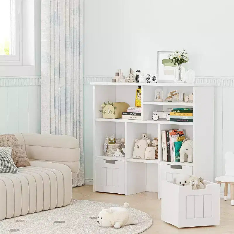 Bibliothèque enfant et meuble de rangement pour jouets, organisateur avec 3 tiroirs mobiles et roulettes cachées, 6 compartiments pour chambre à coucher, salle de jeux, crèche, blanc