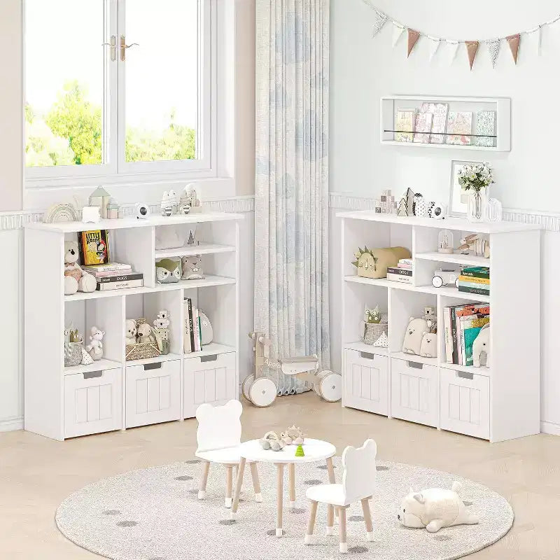 Bibliothèque enfant et meuble de rangement pour jouets, organisateur avec 3 tiroirs mobiles et roulettes cachées, 6 compartiments pour chambre à coucher, salle de jeux, crèche, blanc