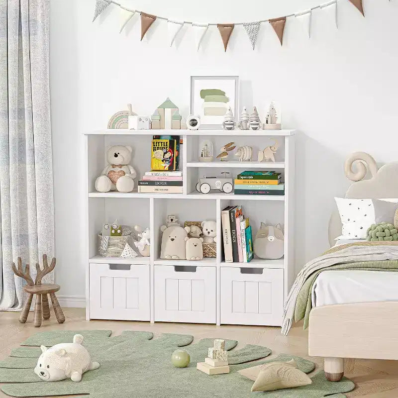 Bibliothèque enfant et meuble de rangement pour jouets, organisateur avec 3 tiroirs mobiles et roulettes cachées, 6 compartiments pour chambre à coucher, salle de jeux, crèche, blanc
