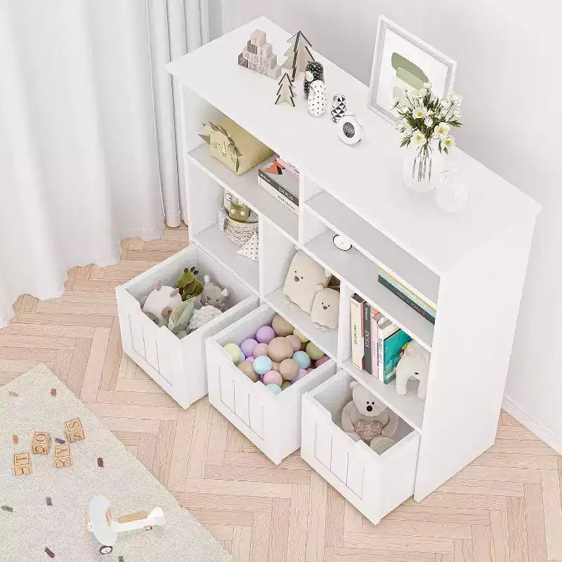 Bibliothèque enfant et meuble de rangement pour jouets, organisateur avec 3 tiroirs mobiles et roulettes cachées, 6 compartiments pour chambre à coucher, salle de jeux, crèche, blanc