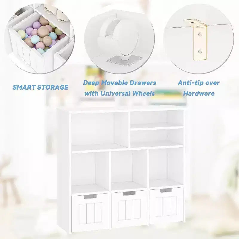 Bibliothèque enfant et meuble de rangement pour jouets, organisateur avec 3 tiroirs mobiles et roulettes cachées, 6 compartiments pour chambre à coucher, salle de jeux, crèche, blanc