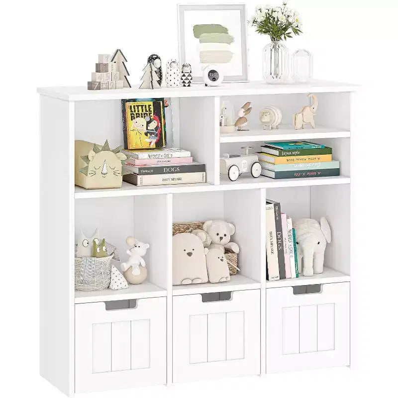 Bibliothèque enfant et meuble de rangement pour jouets, organisateur avec 3 tiroirs mobiles et roulettes cachées, 6 compartiments pour chambre à coucher, salle de jeux, crèche, blanc