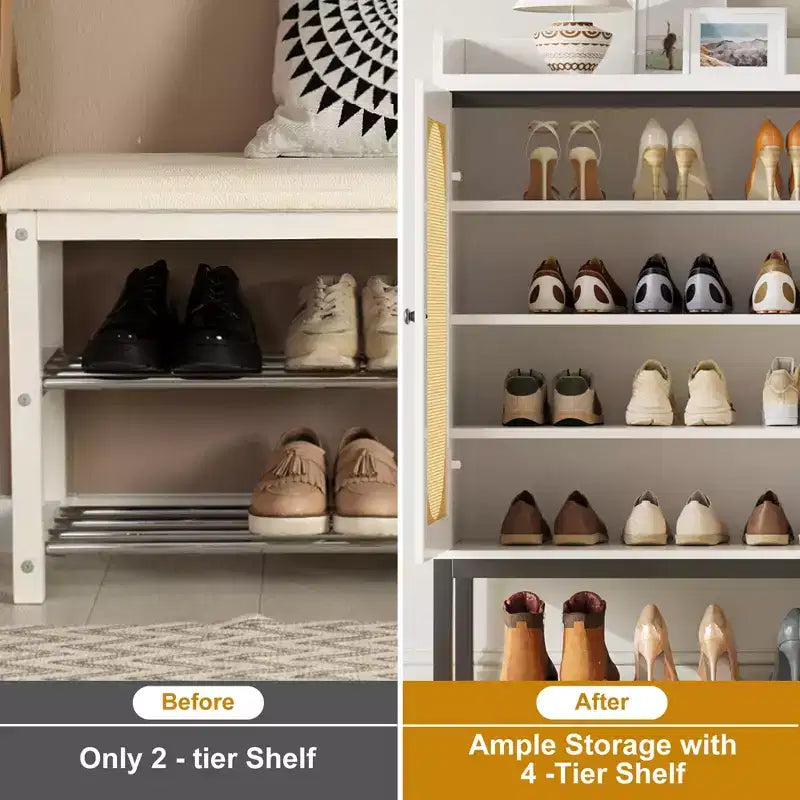 Meuble à chaussures avec 3 portes en rotin, organisateur de rangement de chaussures autoportant avec étagères réglables, armoire à chaussures à 7 niveaux pour entrée, couloir, placard