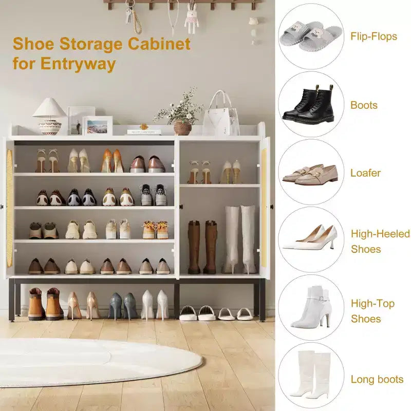 Meuble à chaussures avec 3 portes en rotin, organisateur de rangement de chaussures autoportant avec étagères réglables, armoire à chaussures à 7 niveaux pour entrée, couloir, placard