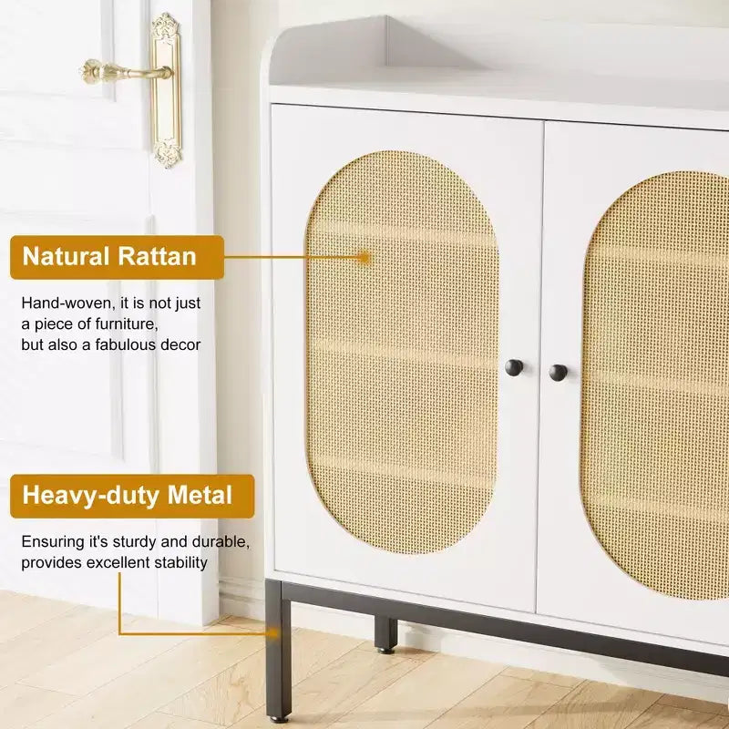 Meuble à chaussures avec 3 portes en rotin, organisateur de rangement de chaussures autoportant avec étagères réglables, armoire à chaussures à 7 niveaux pour entrée, couloir, placard