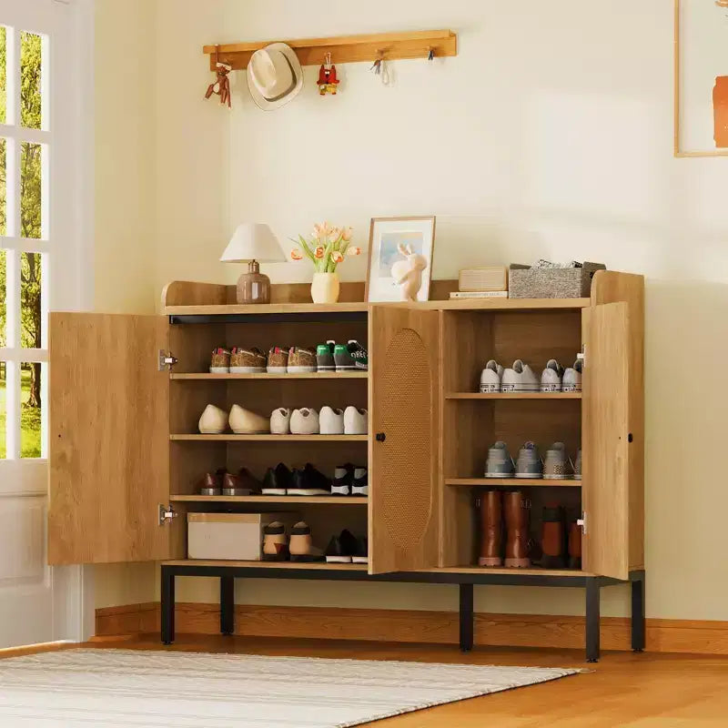 Meuble à chaussures avec 3 portes en rotin, organisateur de rangement de chaussures autoportant avec étagères réglables, armoire à chaussures à 7 niveaux pour entrée, couloir, placard