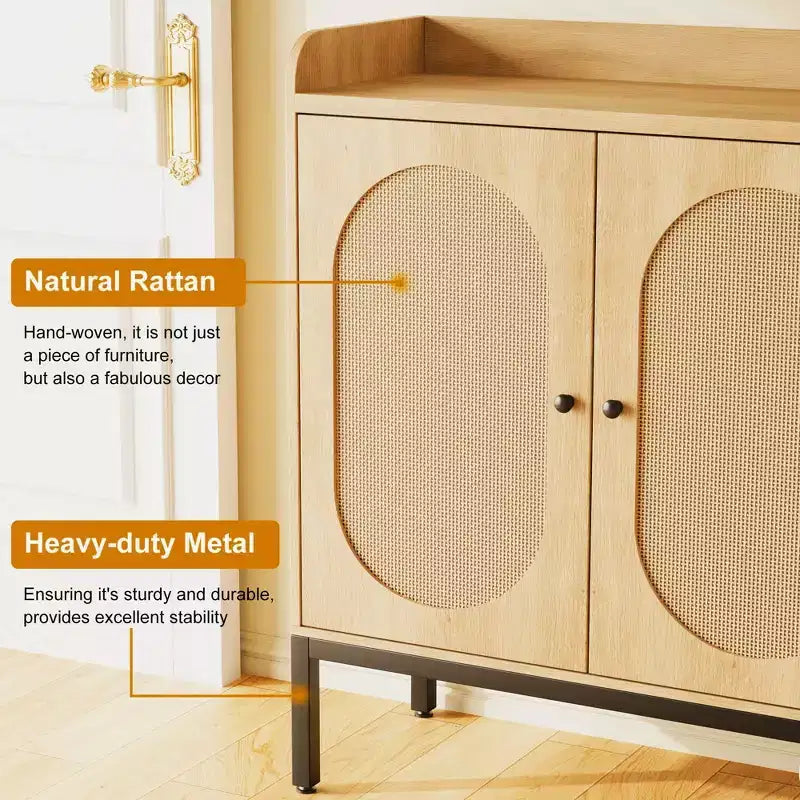 Meuble à chaussures avec 3 portes en rotin, organisateur de rangement de chaussures autoportant avec étagères réglables, armoire à chaussures à 7 niveaux pour entrée, couloir, placard