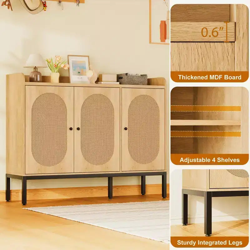 Meuble à chaussures avec 3 portes en rotin, organisateur de rangement de chaussures autoportant avec étagères réglables, armoire à chaussures à 7 niveaux pour entrée, couloir, placard
