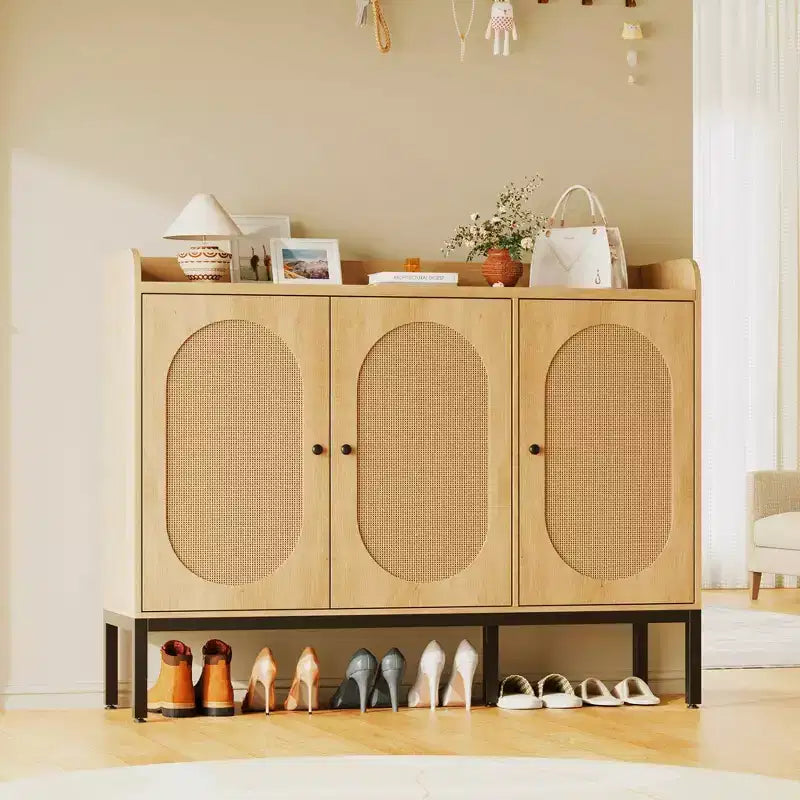 Meuble à chaussures avec 3 portes en rotin, organisateur de rangement de chaussures autoportant avec étagères réglables, armoire à chaussures à 7 niveaux pour entrée, couloir, placard
