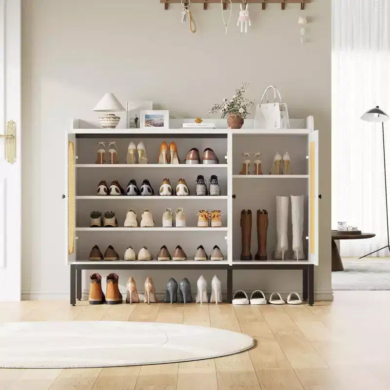Meuble à chaussures avec 3 portes en rotin, organisateur de rangement de chaussures autoportant avec étagères réglables, armoire à chaussures à 7 niveaux pour entrée, couloir, placard