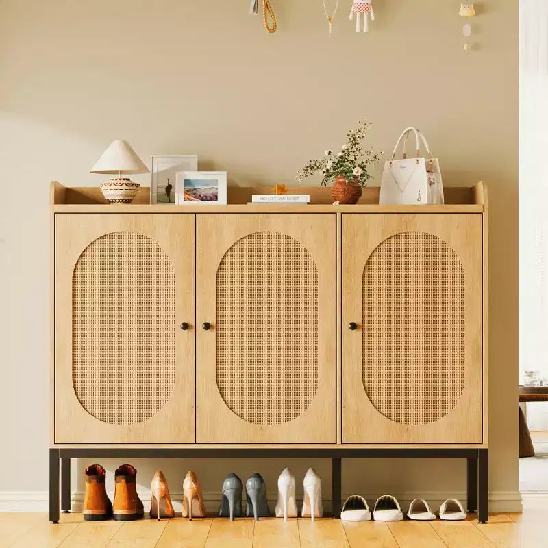 Shoe Cabinet with 3 Rattan Doors, Freestanding Shoe Storage Organizer with Adjustable Shelves, 7-Tier Shoe Storage Cabinet for Entryway,Hallway,Closet