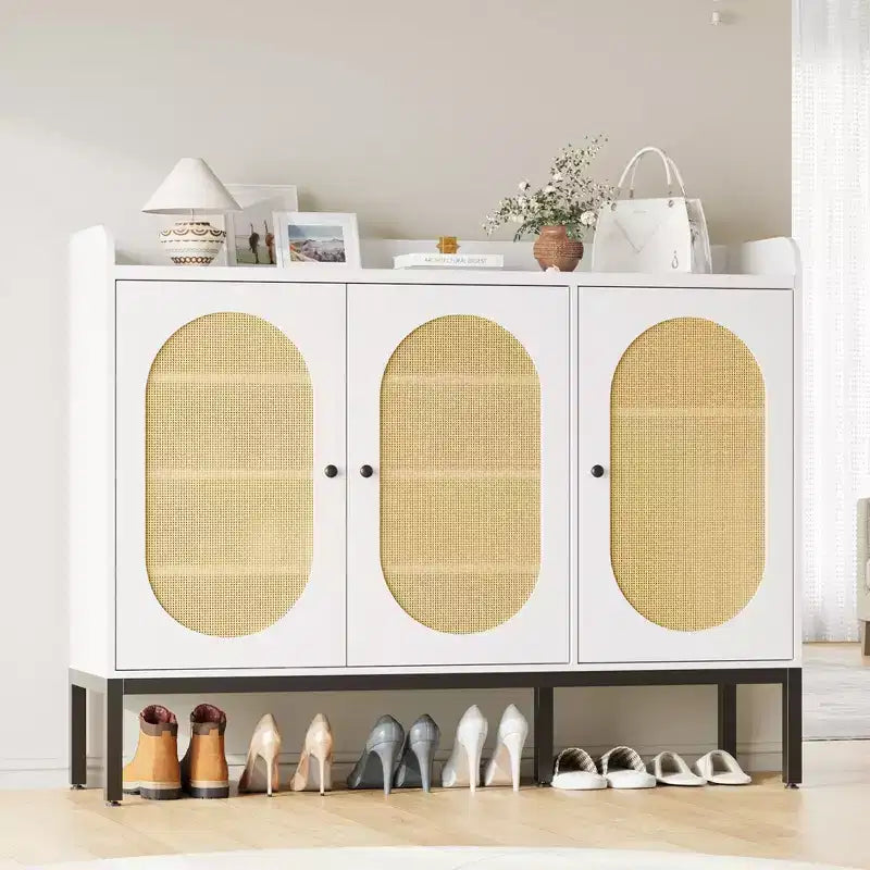 Meuble à chaussures avec 3 portes en rotin, organisateur de rangement de chaussures autoportant avec étagères réglables, armoire à chaussures à 7 niveaux pour entrée, couloir, placard