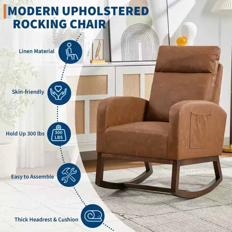 Fauteuils planeurs, Rocking chair moderne, Rocking chair planeur pour chambre de bébé, Fauteuil à bascule d'appoint capitonné à dossier haut avec poches latérales