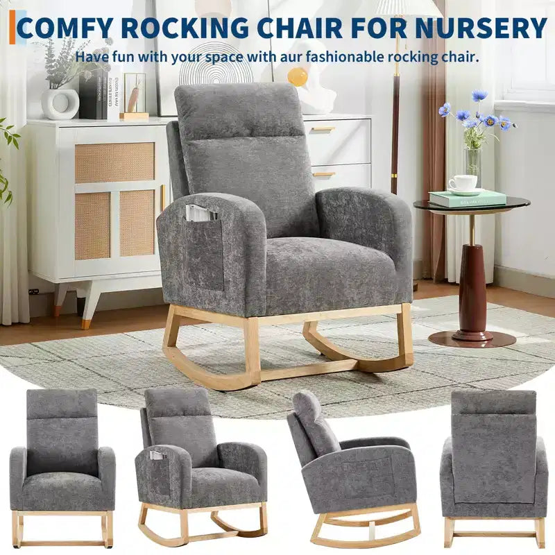 Fauteuils planeurs, Rocking chair moderne, Rocking chair planeur pour chambre de bébé, Fauteuil à bascule d'appoint capitonné à dossier haut avec poches latérales
