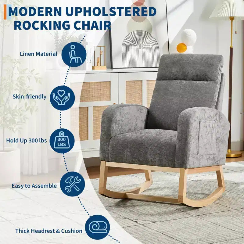 Fauteuils planeurs, Rocking chair moderne, Rocking chair planeur pour chambre de bébé, Fauteuil à bascule d'appoint capitonné à dossier haut avec poches latérales