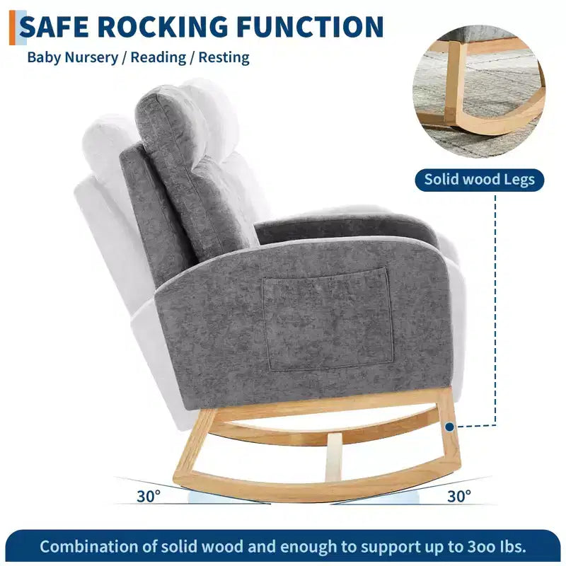 Fauteuils planeurs, Rocking chair moderne, Rocking chair planeur pour chambre de bébé, Fauteuil à bascule d'appoint capitonné à dossier haut avec poches latérales