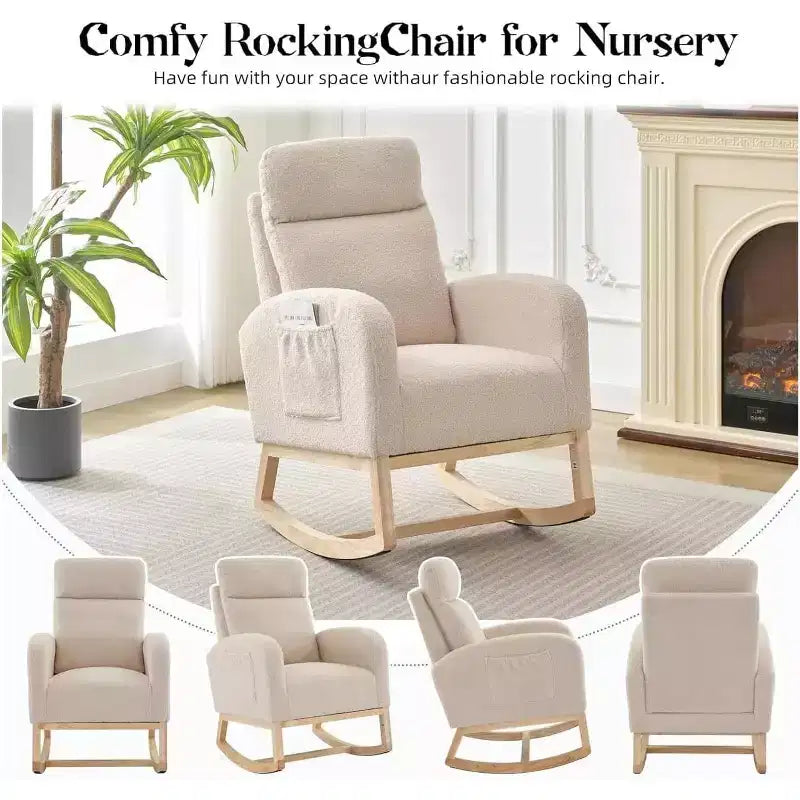 Fauteuils planeurs, Rocking chair moderne, Rocking chair planeur pour chambre de bébé, Fauteuil à bascule d'appoint capitonné à dossier haut avec poches latérales
