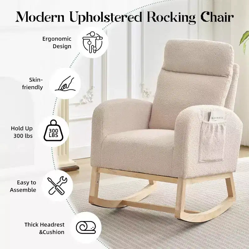Fauteuils planeurs, Rocking chair moderne, Rocking chair planeur pour chambre de bébé, Fauteuil à bascule d'appoint capitonné à dossier haut avec poches latérales