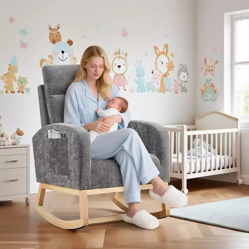 Fauteuils planeurs, Rocking chair moderne, Rocking chair planeur pour chambre de bébé, Fauteuil à bascule d'appoint capitonné à dossier haut avec poches latérales