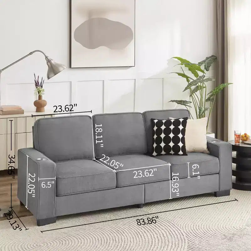Canapé moderne en tissu "Snowfleece" de 83,86 pouces avec 3 places pour Salon, Chambre, Bureau, Gris