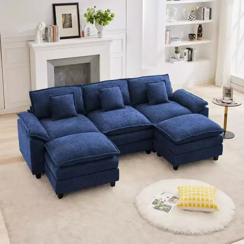 Likepay 105.9 in. Chenille Fabric 5 seat Sectional Sofa with 2 Ottomans in Dark Blue