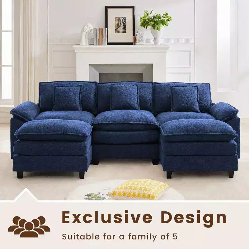 Canapé d'angle 5 places en tissu chenille de 269 cm avec 2 poufs, bleu foncé