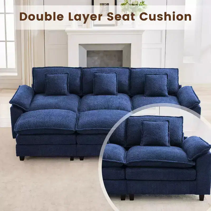 Canapé d'angle 5 places en tissu chenille de 269 cm avec 2 poufs, bleu foncé