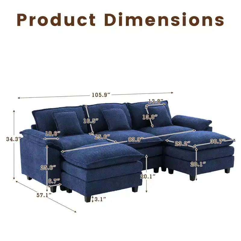 Canapé d'angle 5 places en tissu chenille de 269 cm avec 2 poufs, bleu foncé