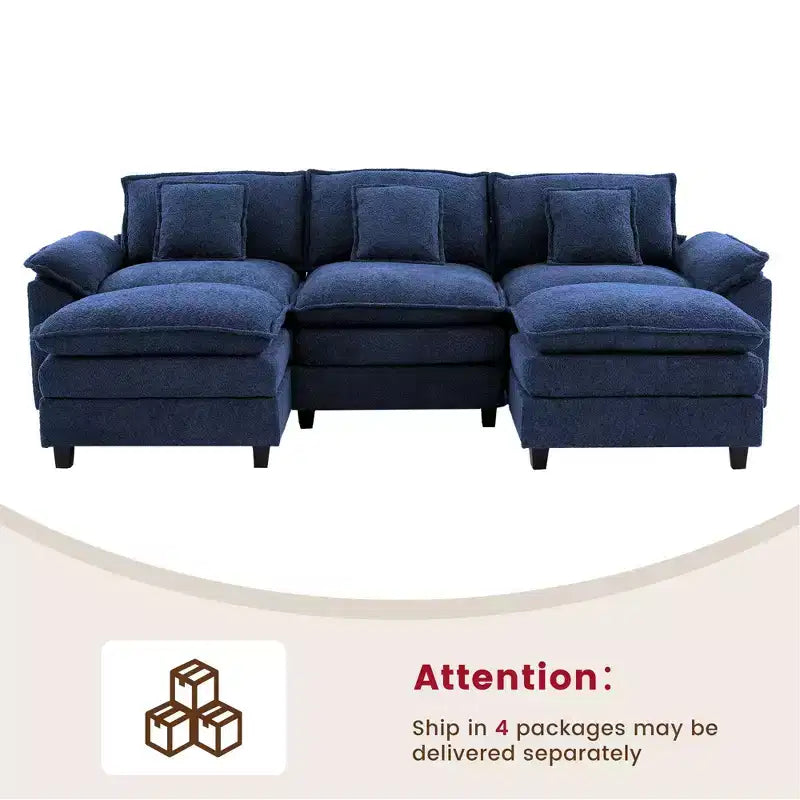 Canapé d'angle 5 places en tissu chenille de 269 cm avec 2 poufs, bleu foncé