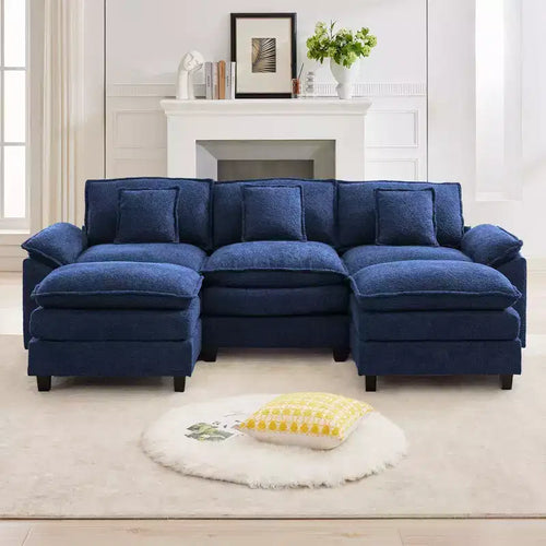 Canapé d'angle 5 places en tissu chenille de 269 cm avec 2 poufs, bleu foncé