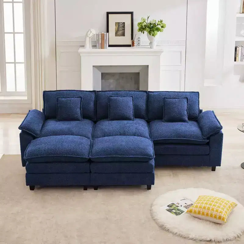 Canapé d'angle 5 places en tissu chenille de 269 cm avec 2 poufs, bleu foncé
