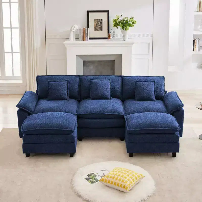 Canapé d'angle 5 places en tissu chenille de 269 cm avec 2 poufs, bleu foncé