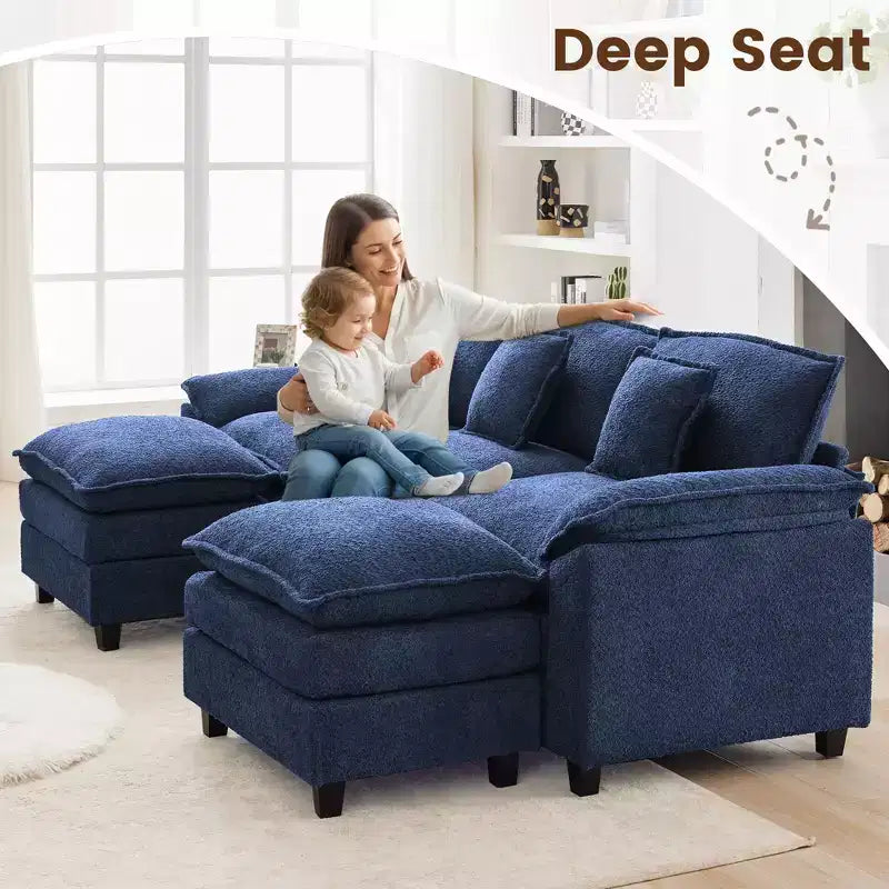 Canapé d'angle 5 places en tissu chenille de 269 cm avec 2 poufs, bleu foncé