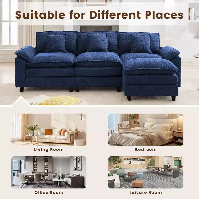 Canapé d'angle 5 places en tissu chenille de 269 cm avec 2 poufs, bleu foncé