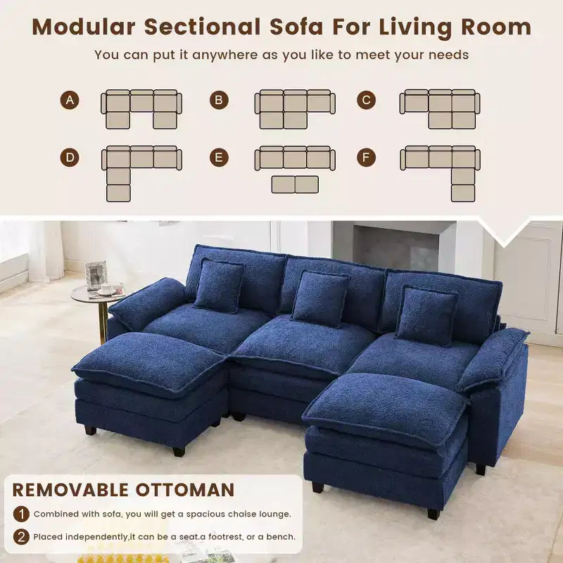 Canapé d'angle 5 places en tissu chenille de 269 cm avec 2 poufs, bleu foncé