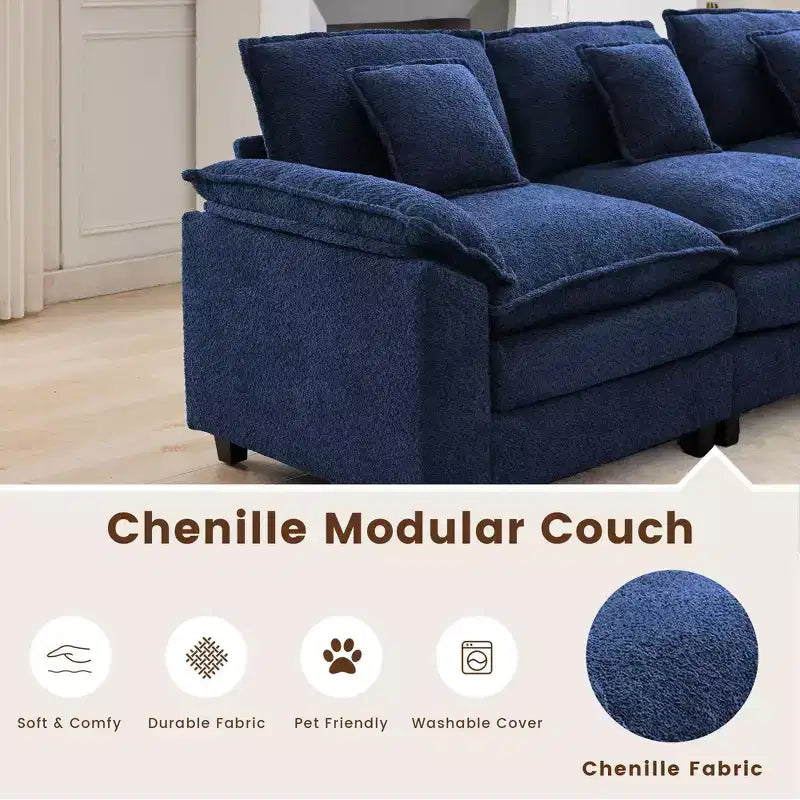 Canapé d'angle 5 places en tissu chenille de 269 cm avec 2 poufs, bleu foncé