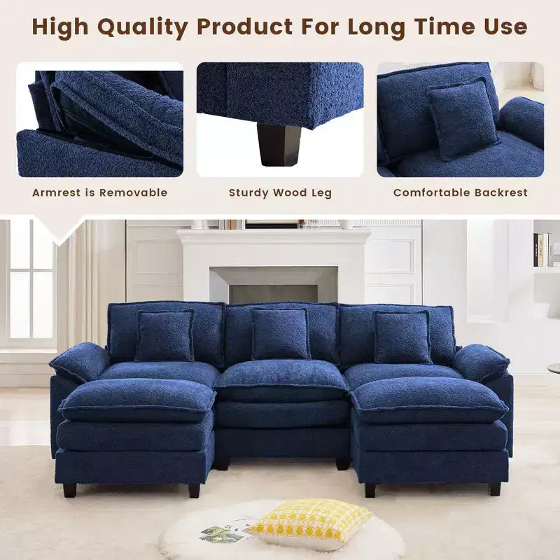 Canapé d'angle 5 places en tissu chenille de 269 cm avec 2 poufs, bleu foncé