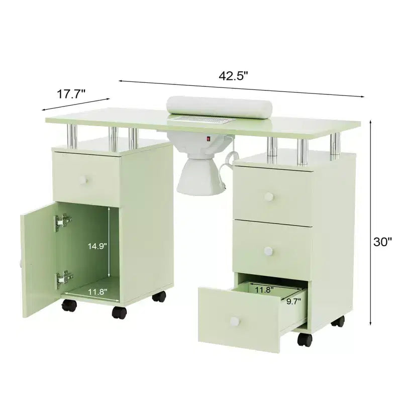 Table de manucure de 42,5 po en MDF blanc avec 3 tiroirs, rangement, portes et collecteur de poussière électrique