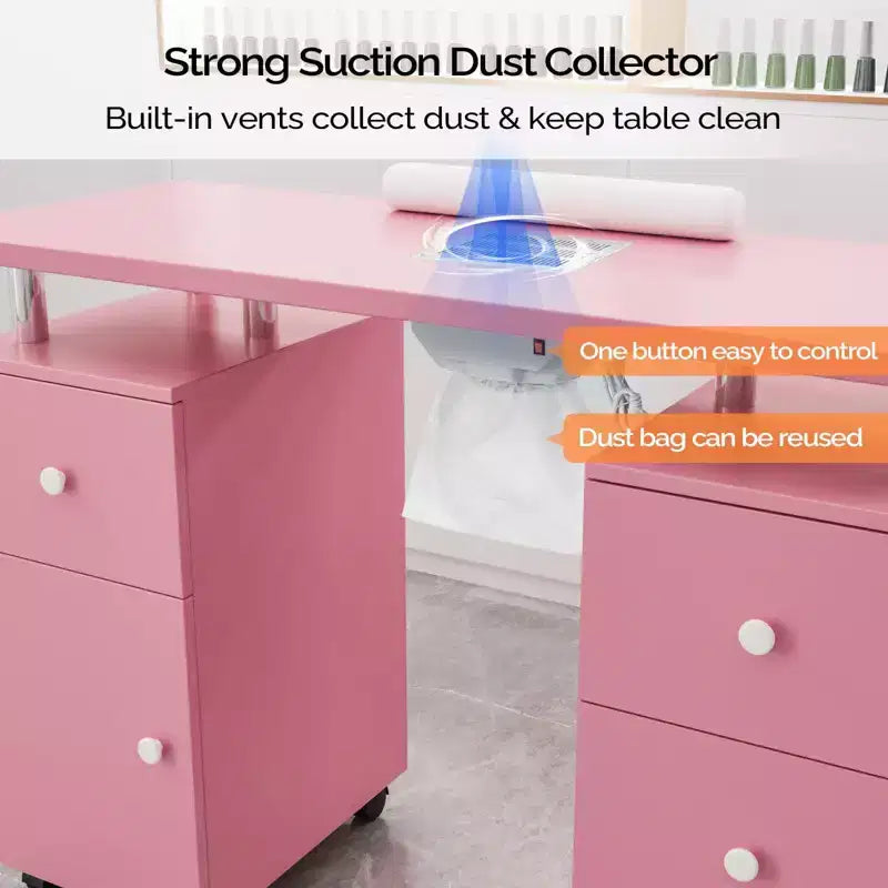 Table de manucure de 42,5 po en MDF blanc avec 3 tiroirs, rangement, portes et collecteur de poussière électrique