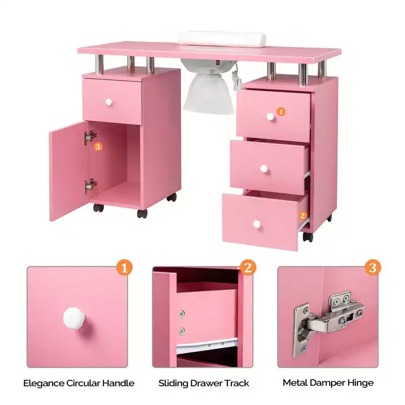 Table de manucure de 42,5 po en MDF blanc avec 3 tiroirs, rangement, portes et collecteur de poussière électrique