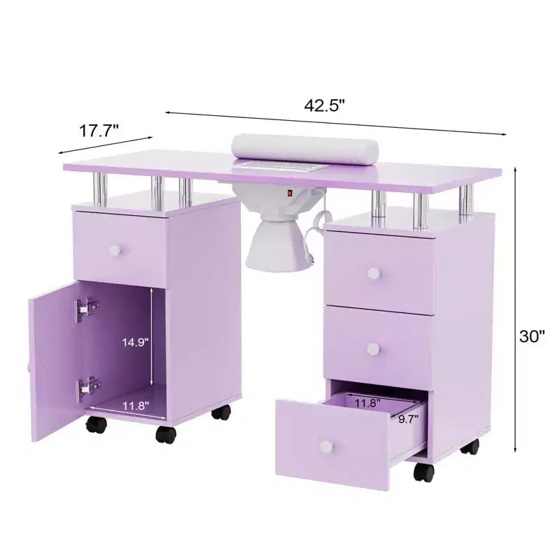Table de manucure de 42,5 po en MDF blanc avec 3 tiroirs, rangement, portes et collecteur de poussière électrique